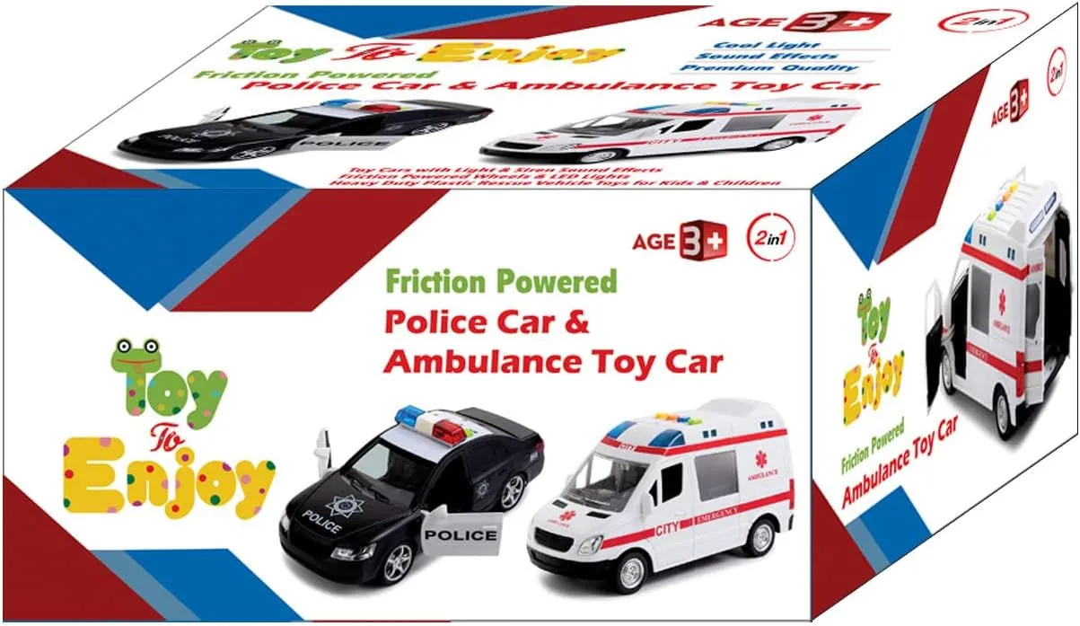 Toy To Enjoy Police & Ambulance Car Set Toys for Kids, Boys & Toddlers. Friction Powered, with Lights and Sirens. Emergency Rescue First Responder Vehicle Toy Set. Best Gift for Birthday and Holidays