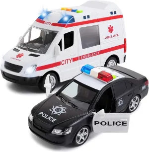 Toy To Enjoy Police & Ambulance Car Set Toys for Kids, Boys & Toddlers. Friction Powered, with Lights and Sirens. Emergency Rescue First Responder Vehicle Toy Set. Best Gift for Birthday and Holidays