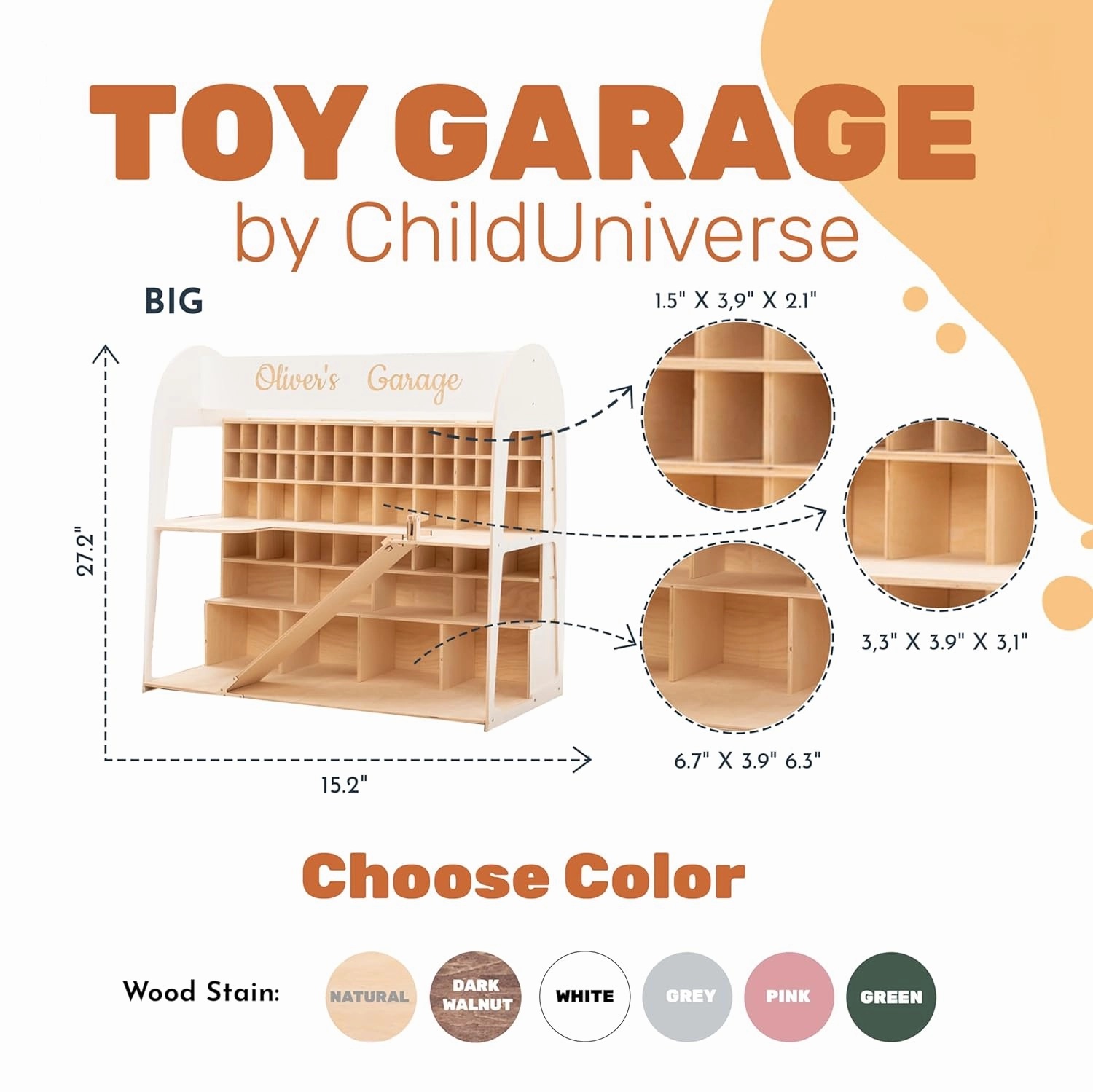 Toy Parking Garage with Elevator Wooden Toy Car Storage Hot Wheels Car Compatible Gift for Toddlers 1-4 Years Old Organizer Case Shelf for Mini Toy Cars (Big, White)