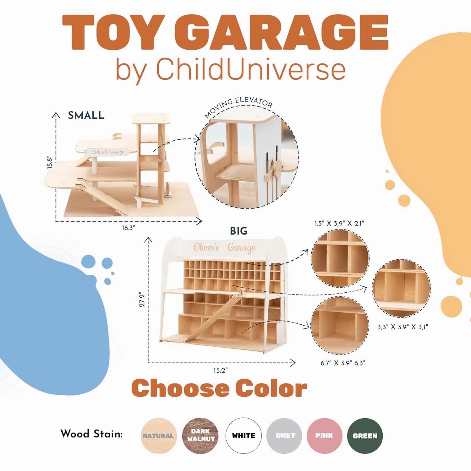 Toy Parking Garage with Elevator Wooden Toy Car Storage Hot Wheels Car Compatible Gift for Toddlers 1-4 Years Old Organizer Case Shelf for Mini Toy Cars (Big, White)