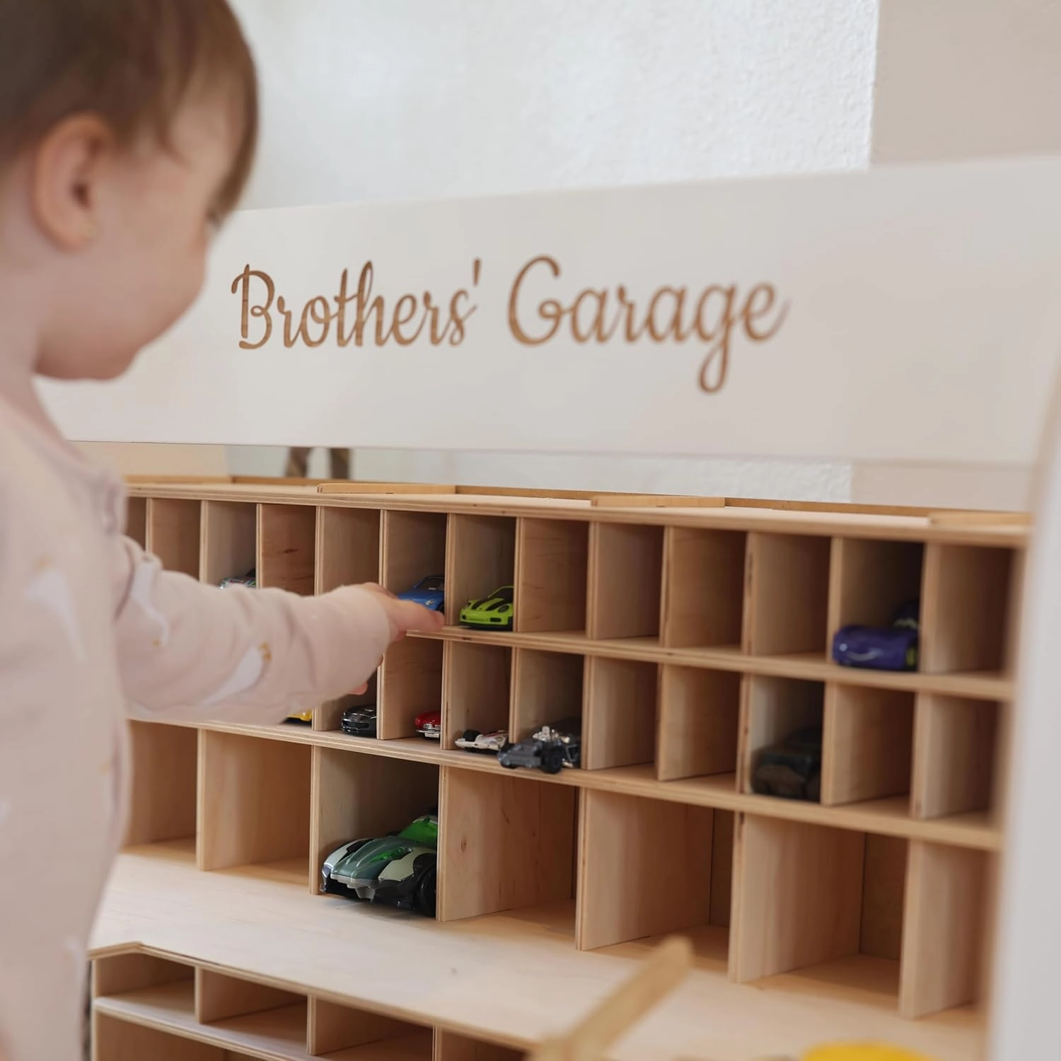 Toy Parking Garage with Elevator Wooden Toy Car Storage Hot Wheels Car Compatible Gift for Toddlers 1-4 Years Old Organizer Case Shelf for Mini Toy Cars (Big, White)