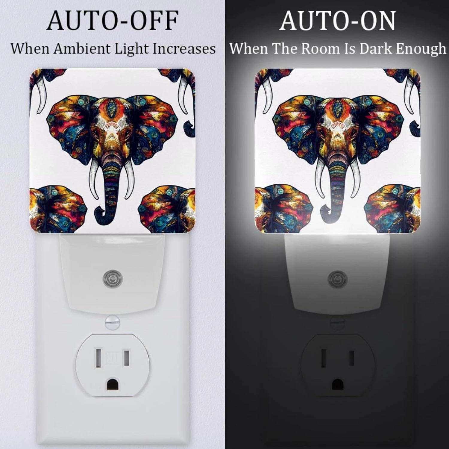 Tribe Elephant Head Pattern Plug in LED Night Light Auto Sensor Dusk to Dawn Decorative Night for Bedroom, Bathroom, Kitchen, Hallway, Stairs, Hallway, Baby's Room, Energy Saving