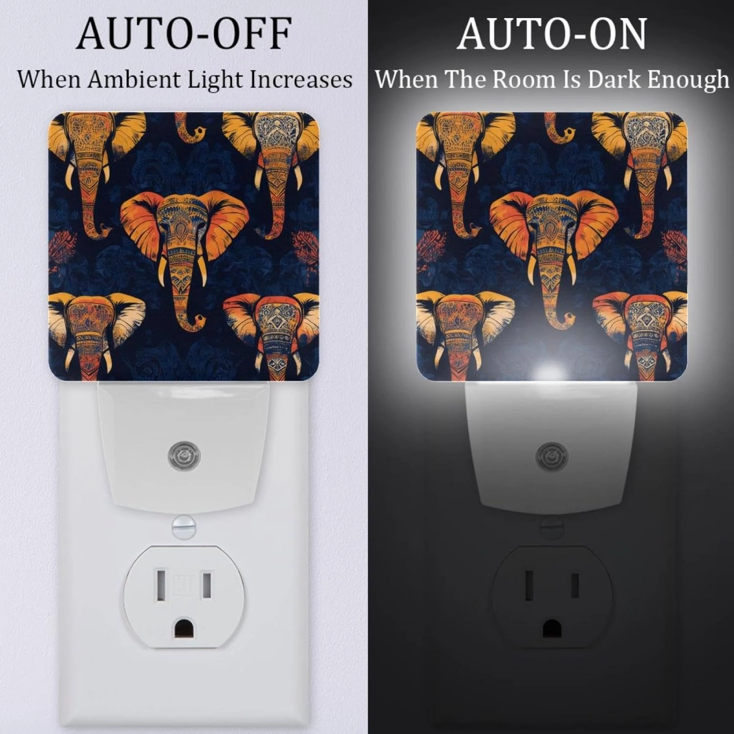 Tribe Elephant Pattern Plug in LED Night Light Auto Sensor Dusk to Dawn Decorative Night for Bedroom, Bathroom, Kitchen, Hallway, Stairs, Hallway, Baby's Room, Energy Saving