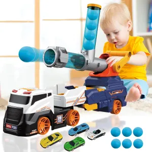 Truck Toys for Kids, EVA Ball Launcher Car Toys for Boys 3-5, Foldable Toy Truck with Light & Sound, Shooting Transport Toy Car Playset, Birthday Gifts for Kid Boys Age 3 4 5 6 Years Old