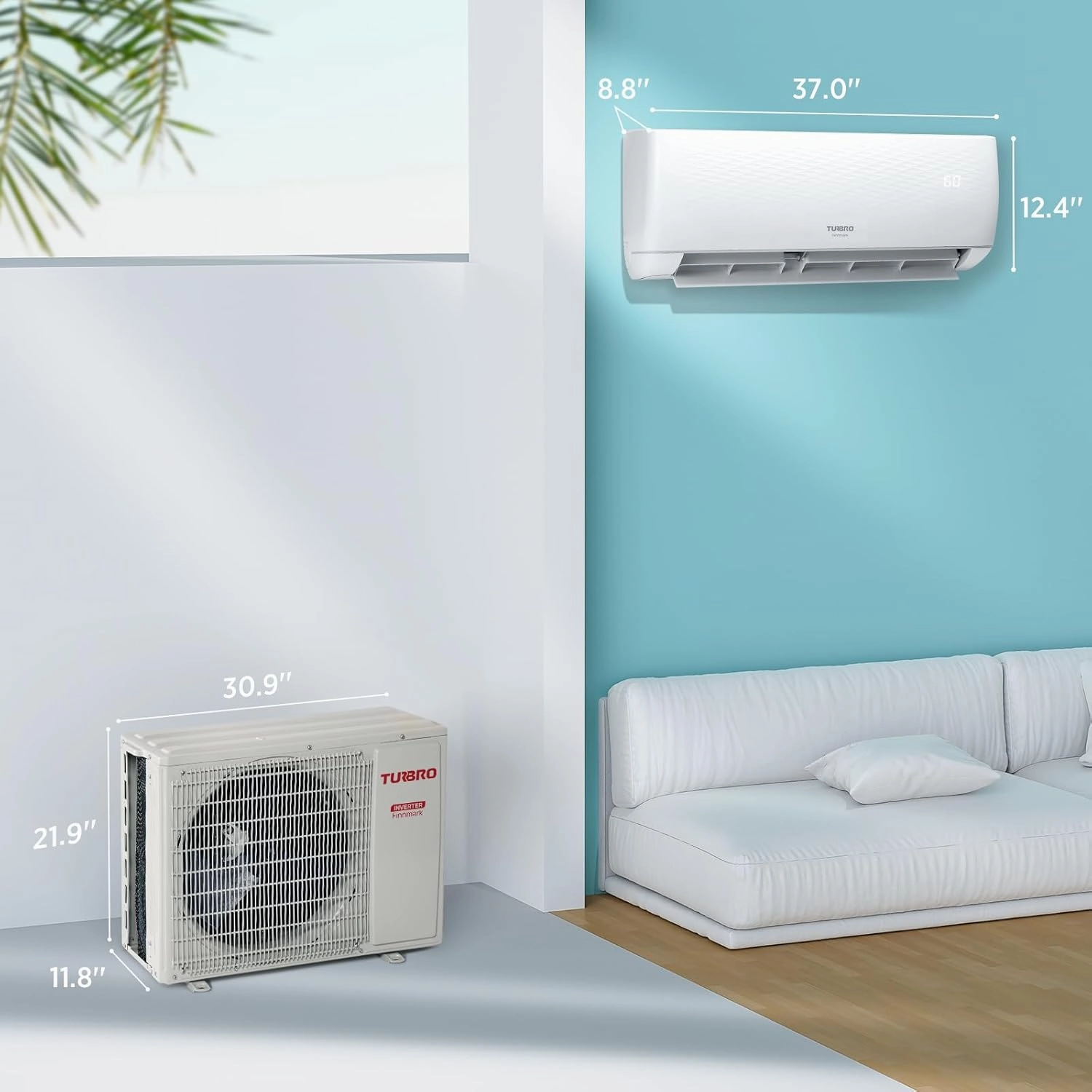 TURBRO 18,000 BTU Ductless Mini Split AC with Heat Pump, Inverter Compressor, 19 SEER2, 230V, R32 Refrigerant, Pre-charged Evaporator, WiFi-Enabled, Works with App, AHRI Certified, Finnmark Series