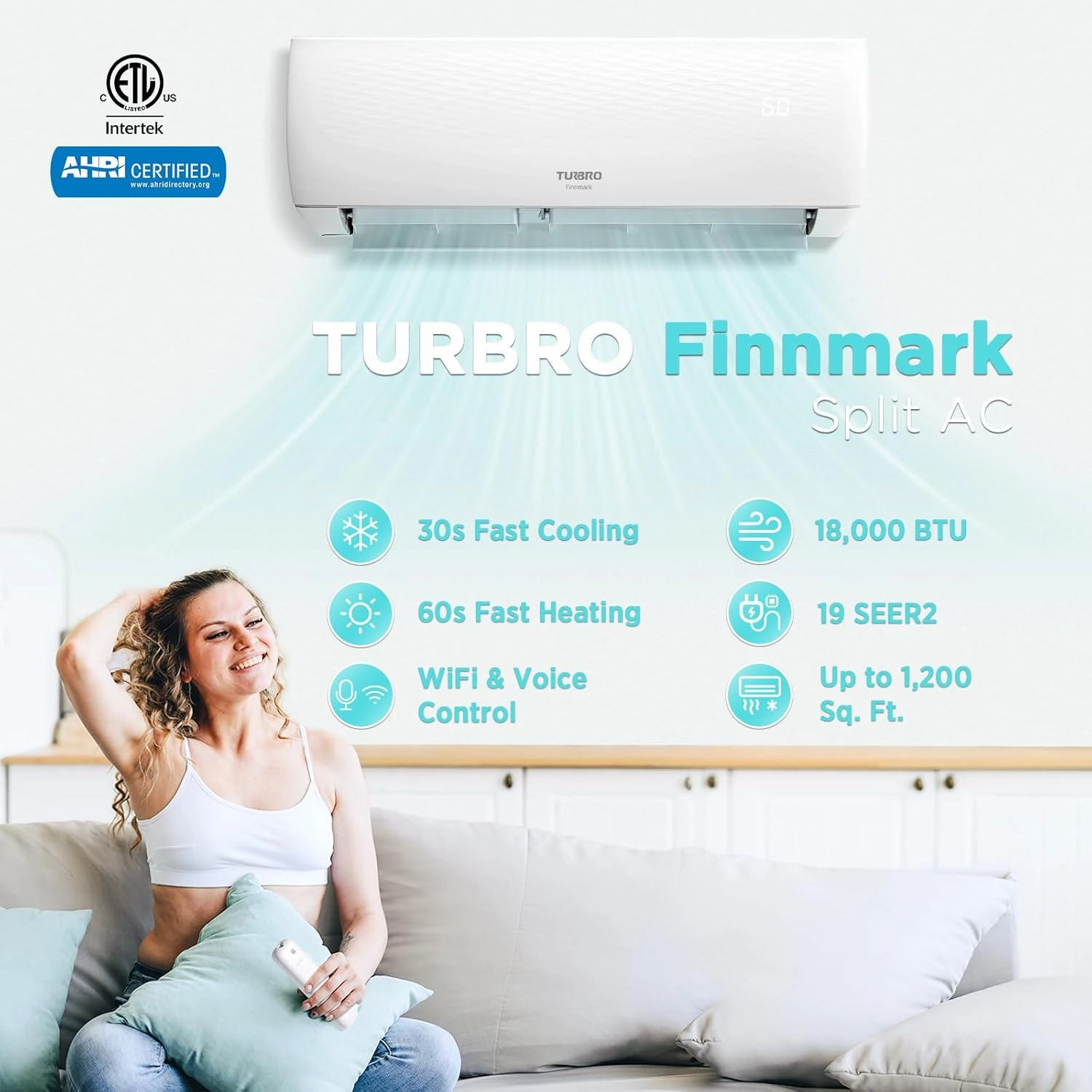 TURBRO 18,000 BTU Ductless Mini Split AC with Heat Pump, Inverter Compressor, 19 SEER2, 230V, R32 Refrigerant, Pre-charged Evaporator, WiFi-Enabled, Works with App, AHRI Certified, Finnmark Series