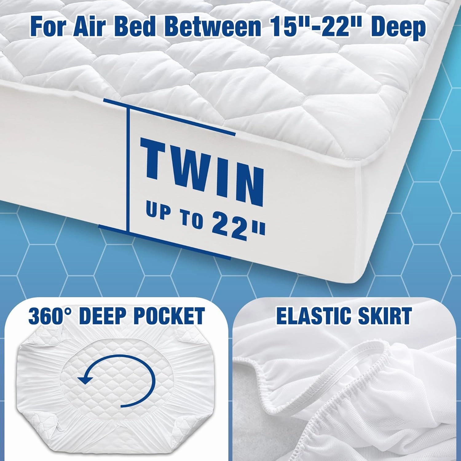 Twin Size Air Mattress Pad, Mattress Topper, Quilted Air Mattress Cover, Breathable and Noiseless Air Bed Mattress Protector with Deep Pocket Fits Up to 15-22 Inches