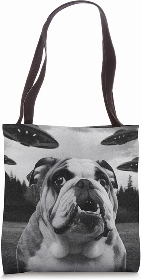 UFO Encounter Bulldog Dog Selfie Photo Alien Invasion Tote Bag