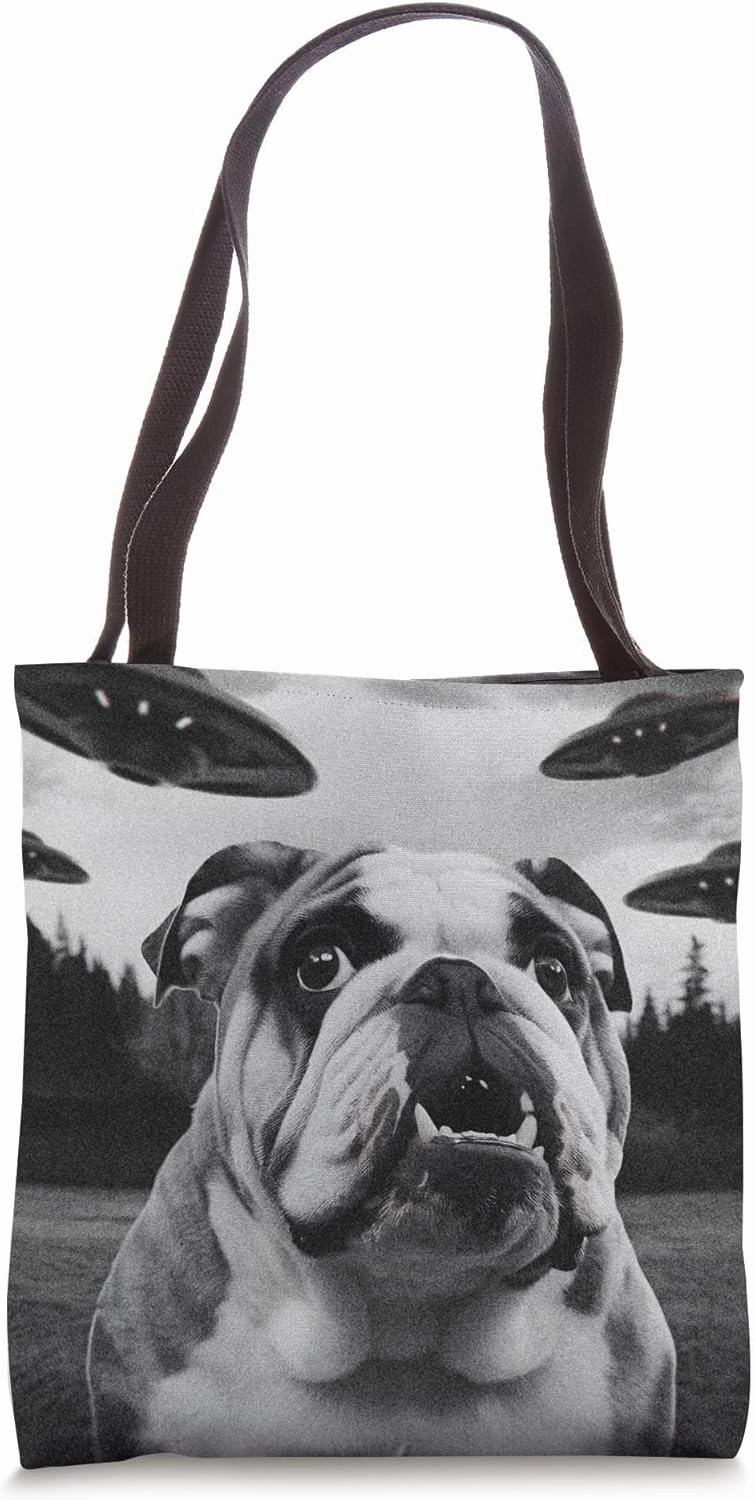 UFO Encounter Bulldog Dog Selfie Photo Alien Invasion Tote Bag