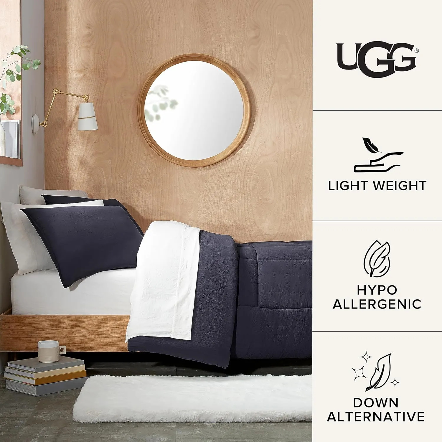 UGG Leonora Comforter Set with 2 Pillow Shams Lightweight Down Alternative Blanket Reversible Cozy Warm All Season Washable and Hypoallergenic Bedding Set, King, Navy Blue