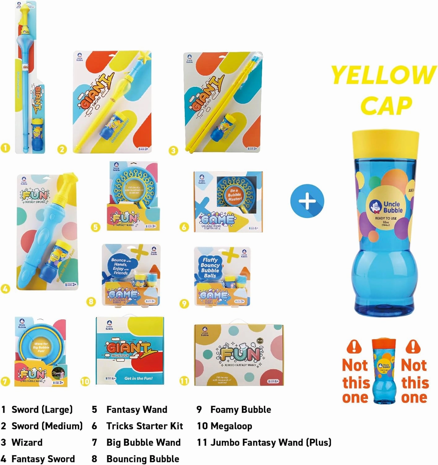 Uncle Bubble Giant Bubble Wands | 3-Piece Set Pack - Includes Wand, Big Bubble Sword and 8oz Ultra Bubble Solution | Outdoor Toy for Kids, Boys, and Girls (Giant Bubble Wands, UB112, 1, UB112)