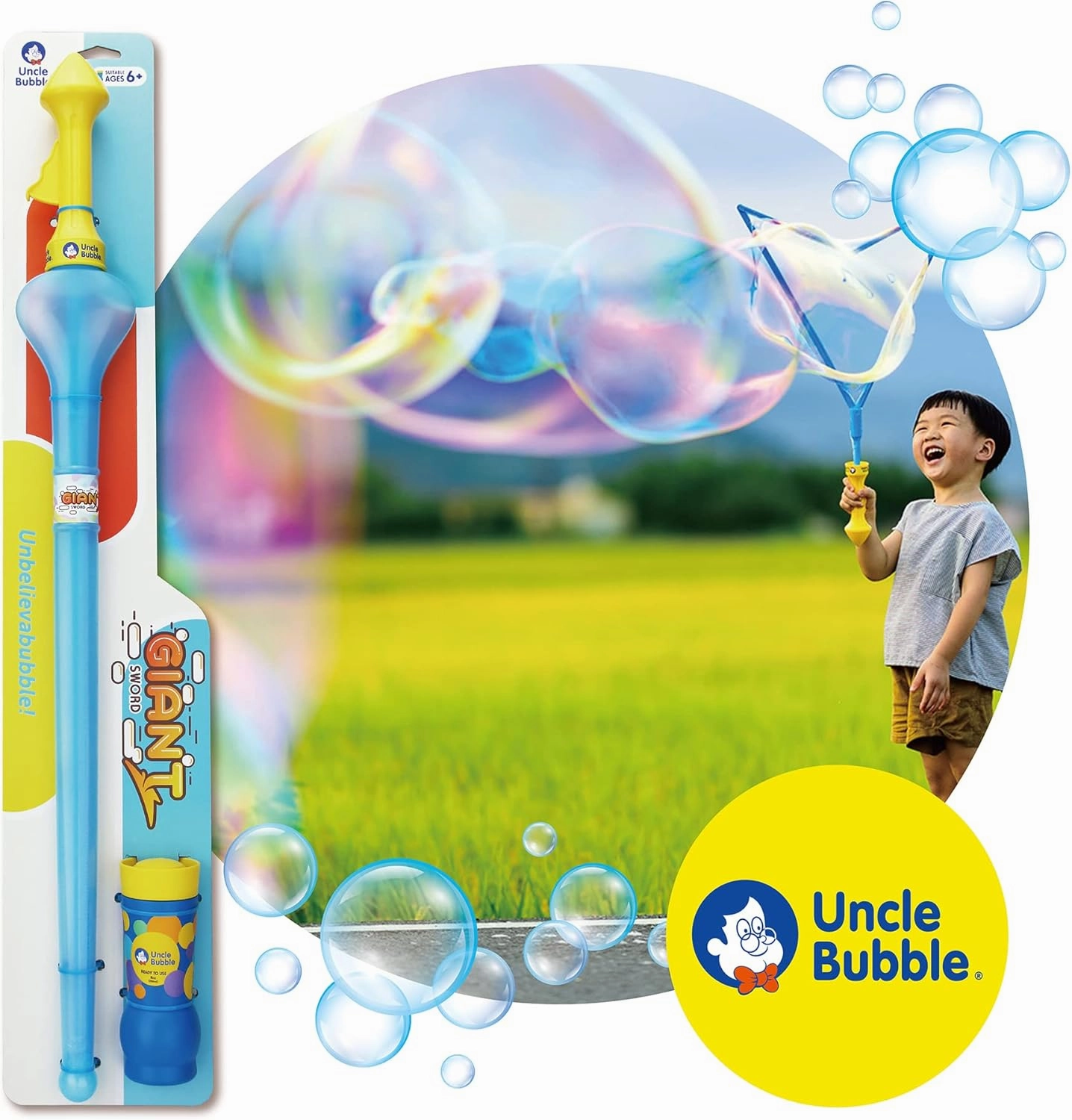 Uncle Bubble Giant Bubble Wands | 3-Piece Set Pack - Includes Wand, Big Bubble Sword and 8oz Ultra Bubble Solution | Outdoor Toy for Kids, Boys, and Girls (Giant Bubble Wands, UB112, 1, UB112)