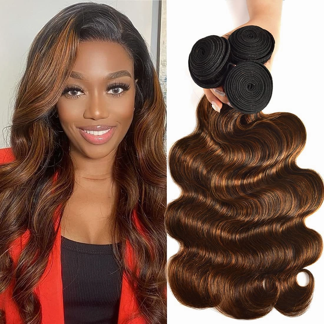 UNICE Brown Highlight Body Wave Human Hair Weave 3 Bundles 14 16 16 inches, Brazilian Remy Hair Ombre Blonde Human Hair Wavy Weaves Sew in FB30 Piano Color