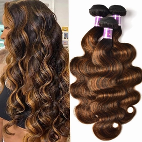 UNICE Brown Highlight Body Wave Human Hair Weave 3 Bundles 14 16 16 inches, Brazilian Remy Hair Ombre Blonde Human Hair Wavy Weaves Sew in FB30 Piano Color