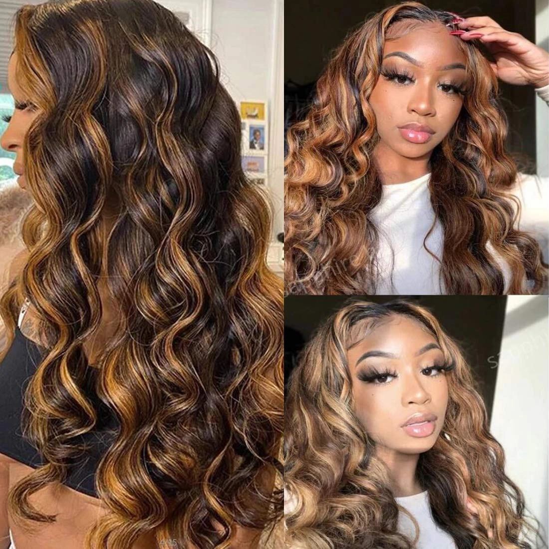 UNice Brown Highlight Body Wave Human Hair Weave 3 Bundles 8 10 12 inch, Brazilian Remy Hair Ombre Blonde Human Hair Wavy Weaves Sew in Piano Color TFB30
