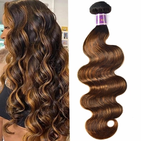 UNice Ombre Brown Highlight Body Wave Human Hair Weave 1 bundle 18 inch, Brazilian Remy Hair Dark Root Blonde Human Hair Weaves Extension Piano Color TFB30