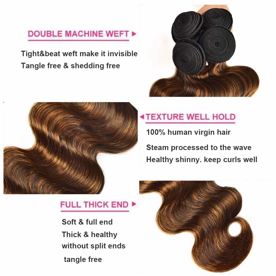 UNice Ombre Brown Highlight Body Wave Human Hair Weave 1 bundle 18 inch, Brazilian Remy Hair Dark Root Blonde Human Hair Weaves Extension Piano Color TFB30
