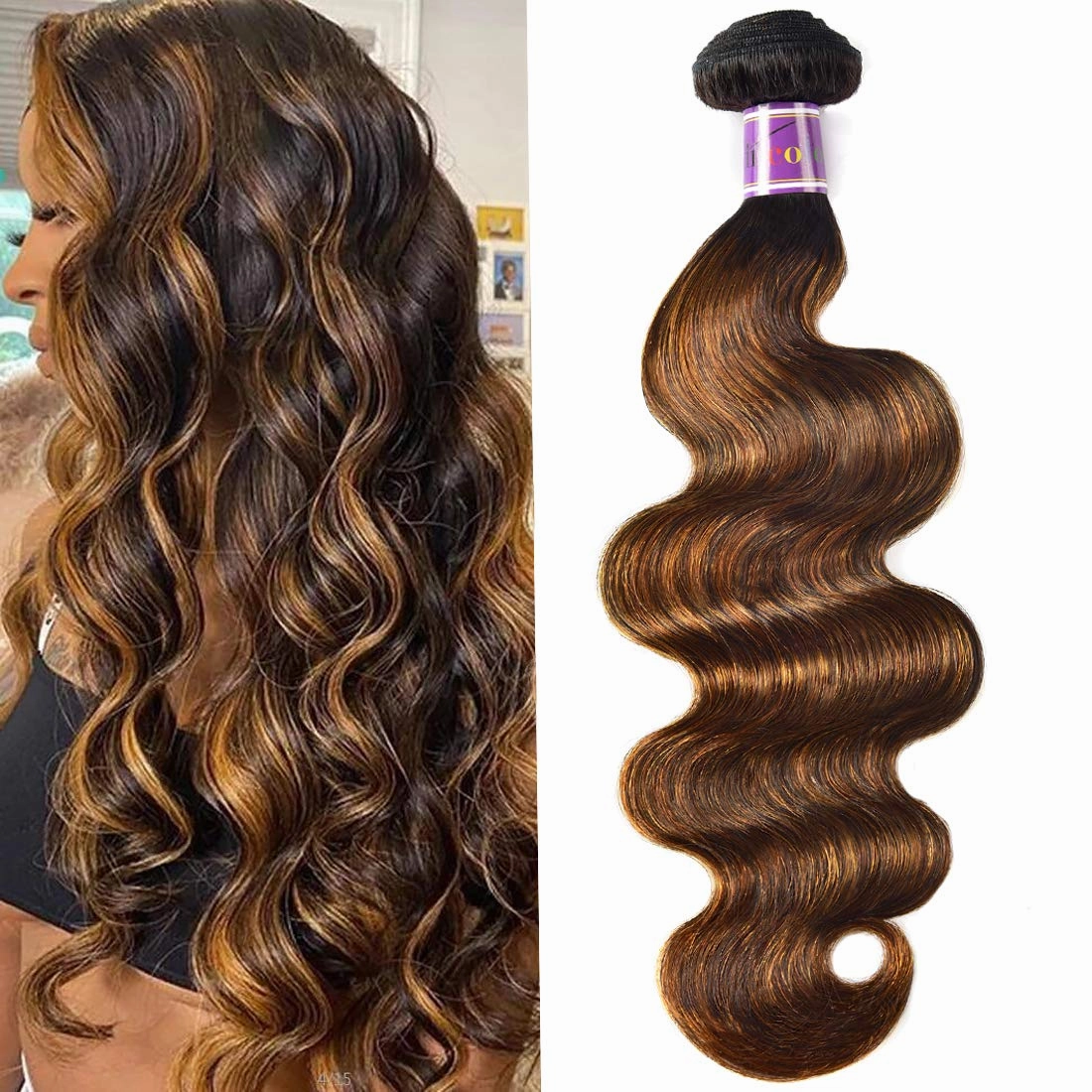 UNice Ombre Brown Highlight Body Wave Human Hair Weave 1 bundle 8 inch, Brazilian Remy Hair Dark Root Blonde Human Hair Weaves Extension Piano Color TFB30