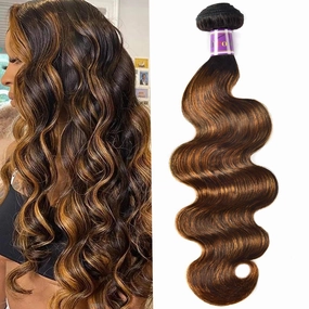 UNice Ombre Brown Highlight Body Wave Human Hair Weave 1 bundle 8 inch, Brazilian Remy Hair Dark Root Blonde Human Hair Weaves Extension Piano Color TFB30