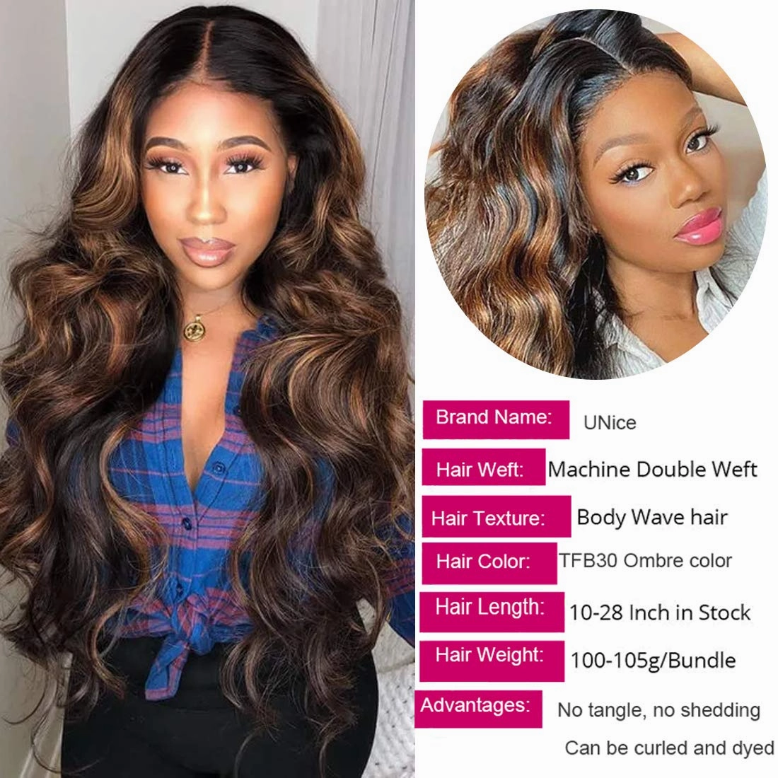 UNice Ombre Brown Highlight Body Wave Human Hair Weave 1 bundle 8 inch, Brazilian Remy Hair Dark Root Blonde Human Hair Weaves Extension Piano Color TFB30