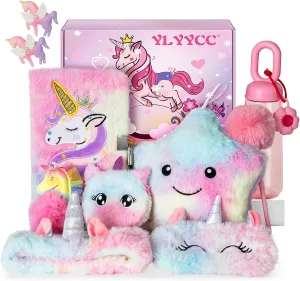Unicorns Gifts Set for Girls Kids Age 6 7 8 9 10 Years Old, Unicorn Toys with Plush Star Light Up Pillow- Diary- Headband- Sleep Mask- KeyChain-Water Bottle, Teens Birthday Christmas Gift Ideas