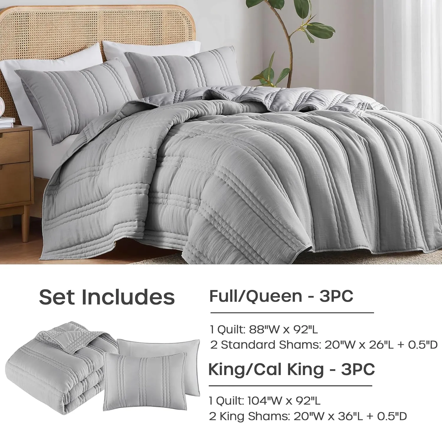 Urban Habitat Queen Quilt Set Crinkled Channel Quilting Coverlet Set Queen Size, Soft Gauze Summer Quilt, Modern All Season Lightweight Bedding Queen, Matching Shams, Dune, Full/Queen, Gray 3 Piece
