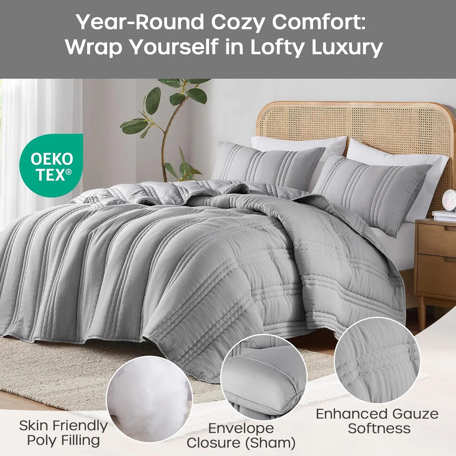 Urban Habitat Queen Quilt Set Crinkled Channel Quilting Coverlet Set Queen Size, Soft Gauze Summer Quilt, Modern All Season Lightweight Bedding Queen, Matching Shams, Dune, Full/Queen, Gray 3 Piece
