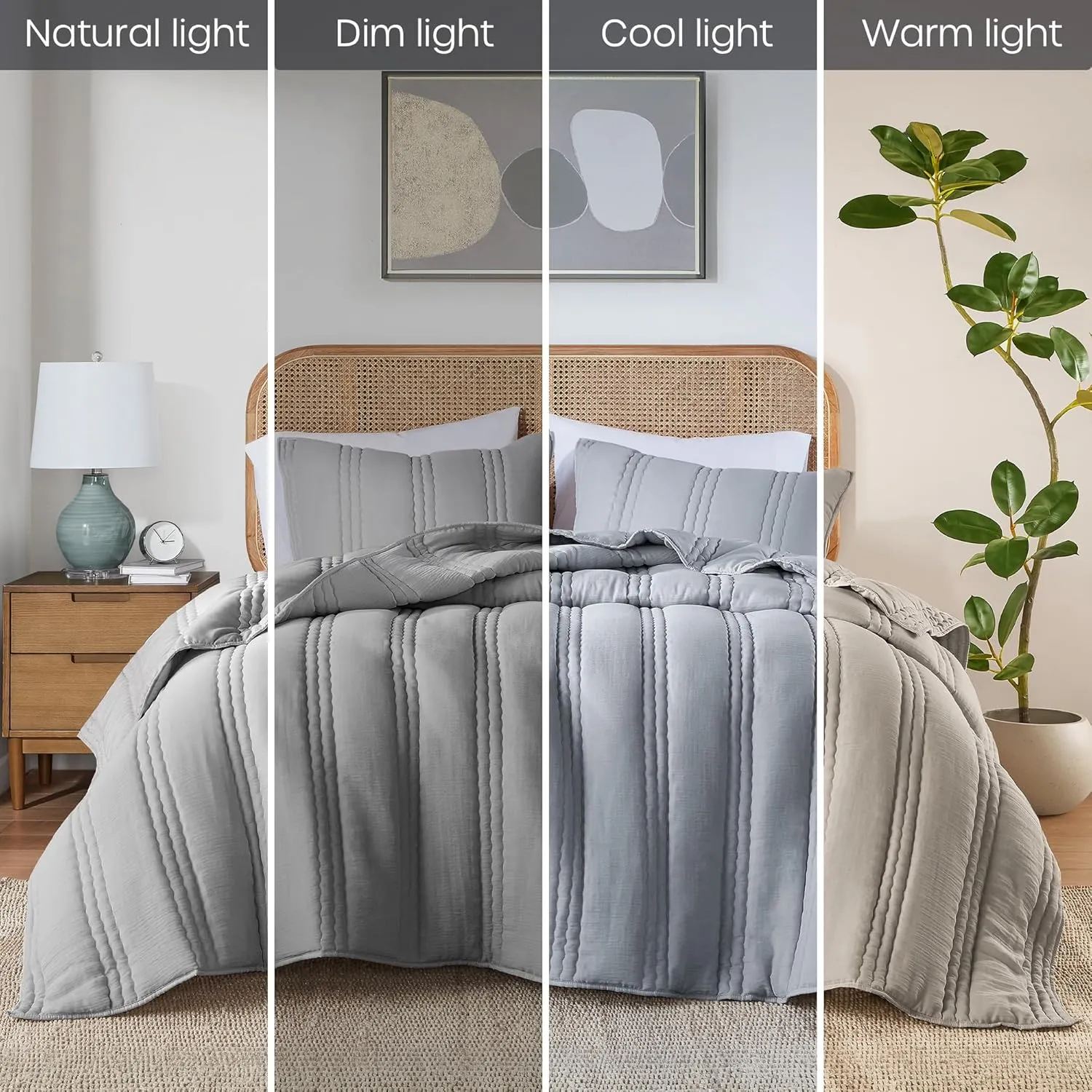 Urban Habitat Queen Quilt Set Crinkled Channel Quilting Coverlet Set Queen Size, Soft Gauze Summer Quilt, Modern All Season Lightweight Bedding Queen, Matching Shams, Dune, Full/Queen, Gray 3 Piece