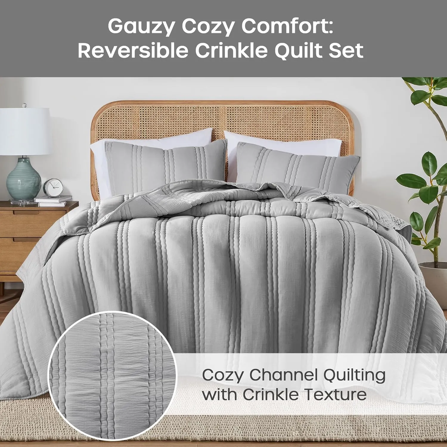 Urban Habitat Queen Quilt Set Crinkled Channel Quilting Coverlet Set Queen Size, Soft Gauze Summer Quilt, Modern All Season Lightweight Bedding Queen, Matching Shams, Dune, Full/Queen, Gray 3 Piece