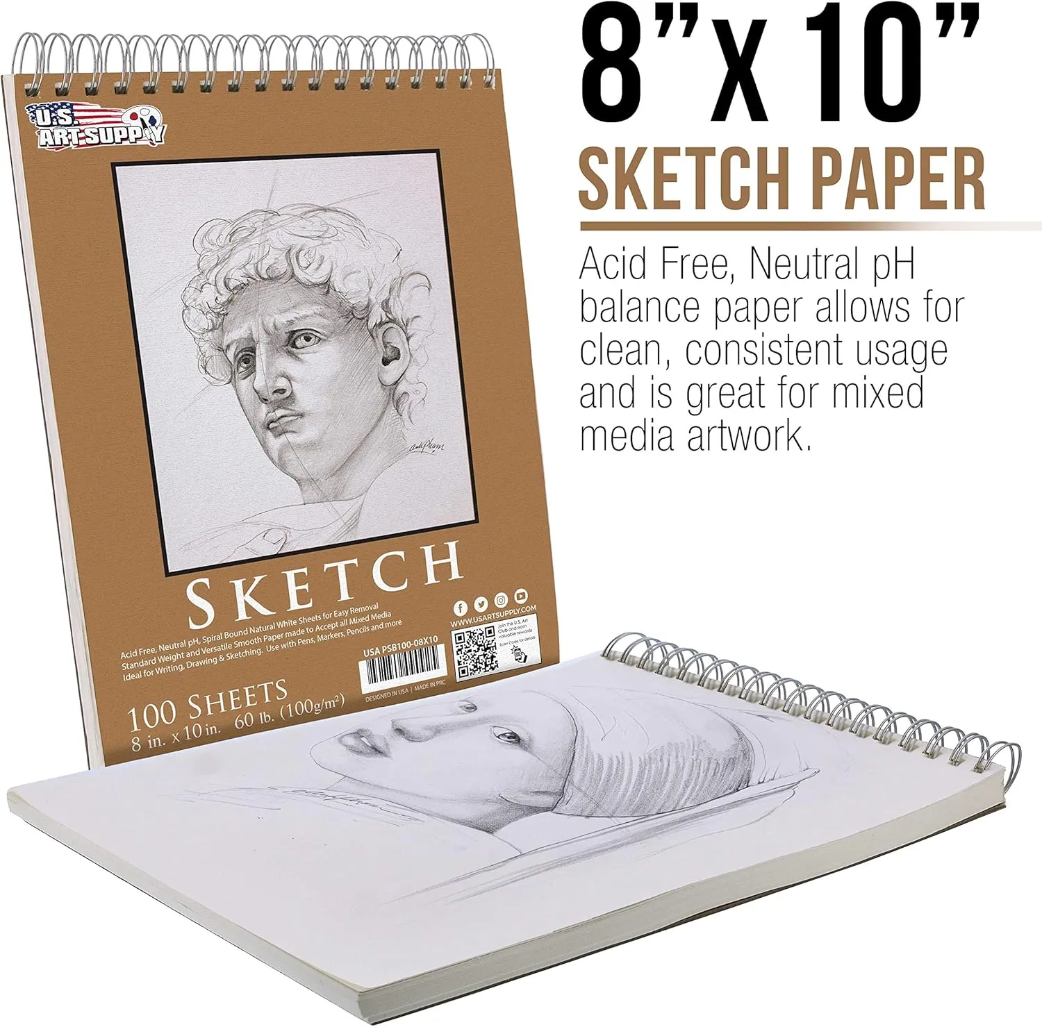 U.S. Art Supply 8"x10" Top Spiral Bound Sketch Book, 2 Pack, 100 Sheets Each, 60lb (100gsm), Acid-Free, Artist Sketchbook, Drawing Pad for Adults & Students