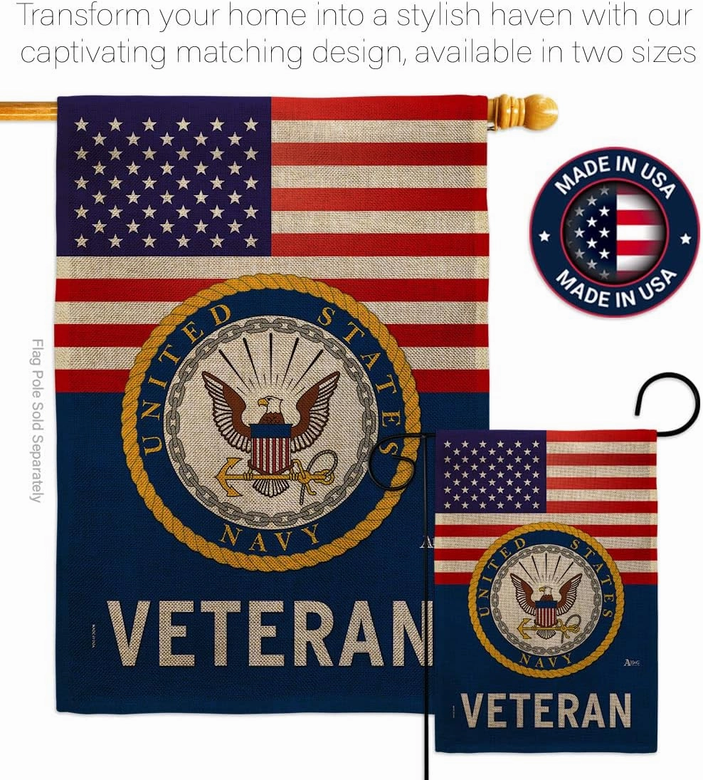 US Navy Veteran Burlap Garden Flag - Armed Forces USN Seabee United State American Military Retire - House Decoration Banner Small Yard Gift Double-Sided Made In USA 13 X 18.5
