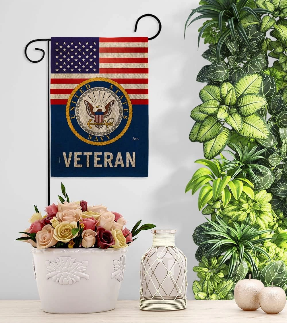 US Navy Veteran Burlap Garden Flag - Armed Forces USN Seabee United State American Military Retire - House Decoration Banner Small Yard Gift Double-Sided Made In USA 13 X 18.5