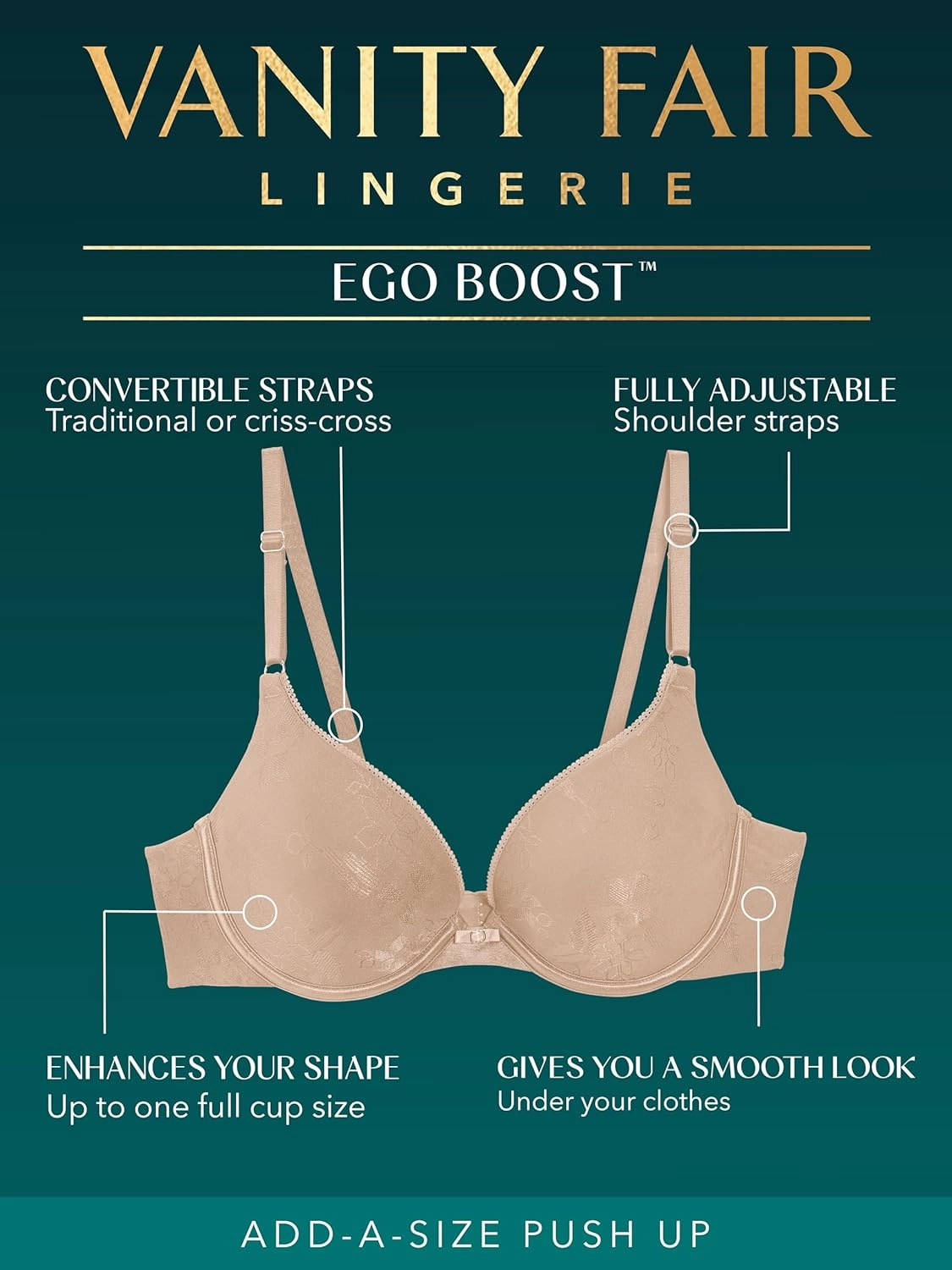 Vanity Fair Women's Ego Boost Push Up Bra, Adds Up to One Full Cup Size, Underwire Push Up Bras for Women