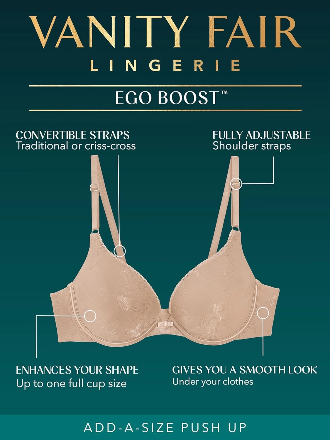 Vanity Fair Women's Ego Boost Push Up Bra, Adds Up to One Full Cup Size, Underwire Push Up Bras for Women