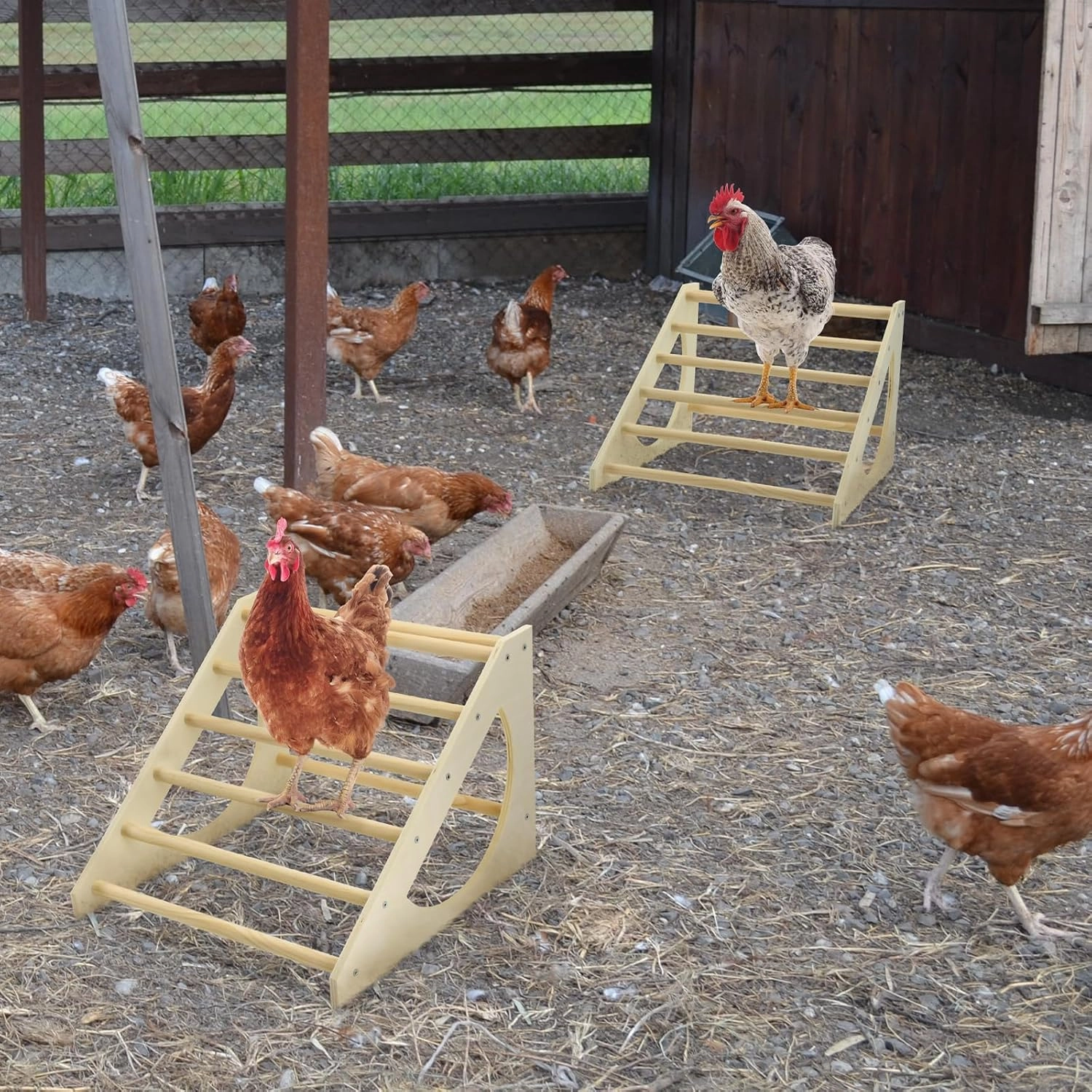 Vehomy Chicken Roosting Bar Solid Wood Roosting Ladder Poultry Perch Stand Jungle Gym for Backyards Chicken Coops Farms Chicken Toy for Chicks Hens Roosters Large Birds Parrots Macaws S