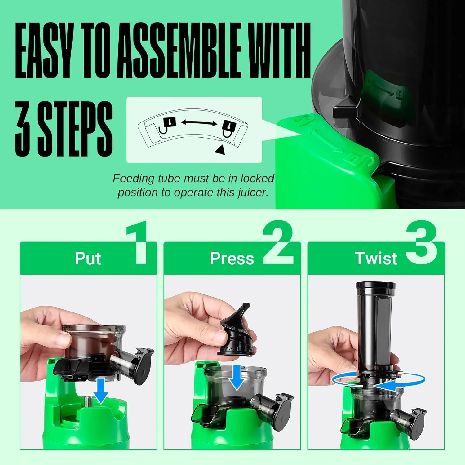 Ventray Ginnie Mini Cold Press Juicer, Small Slow Masticating Juicer for Vegetables Fruits, High Juice Yield, Easy to Clean, Space-Saving, Fit for Personal/Travel/Picnic/Office - Green