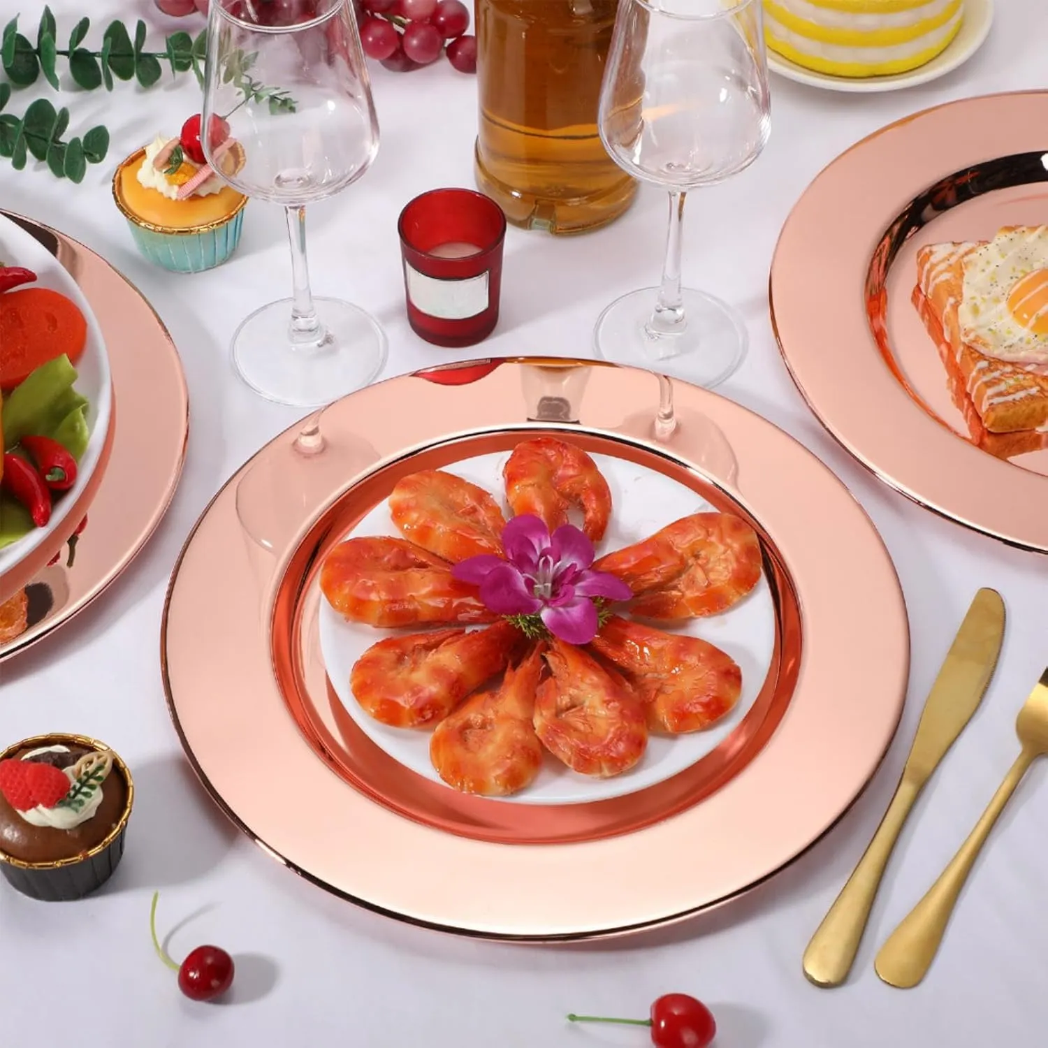 Vesici 12 Pcs Rose Stainless Steel Charger Plates 13 Inch Round Metal Charger Plates Bulk Mirror Elegant Charger Luxury Table Decor for Wedding Dinner Party