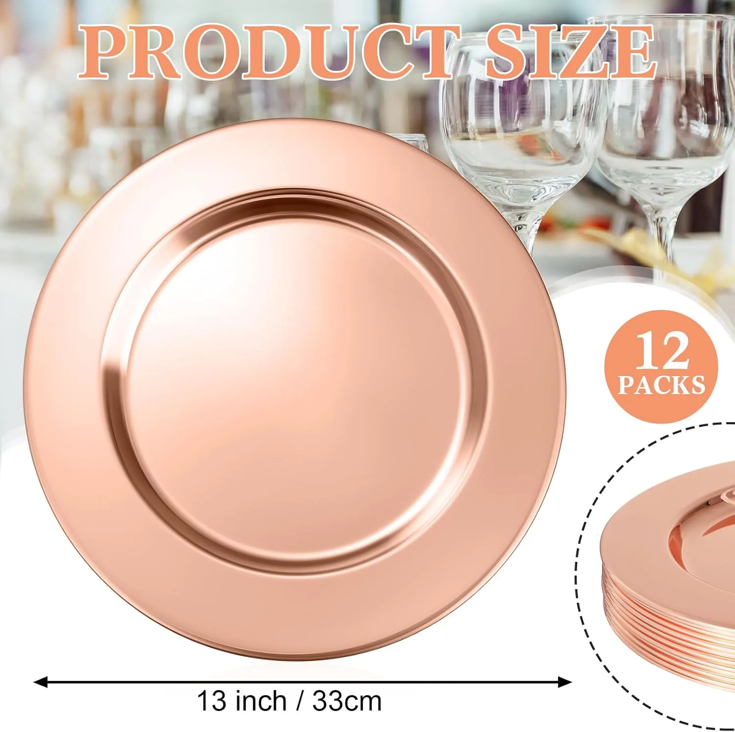 Vesici 12 Pcs Rose Stainless Steel Charger Plates 13 Inch Round Metal Charger Plates Bulk Mirror Elegant Charger Luxury Table Decor for Wedding Dinner Party