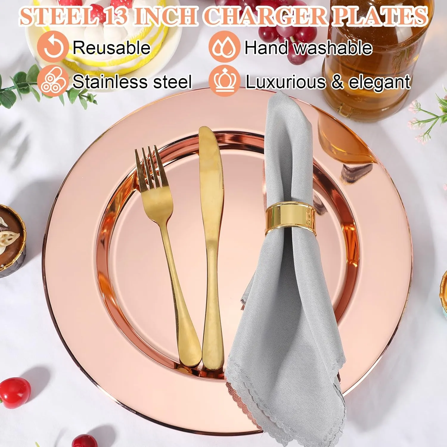 Vesici 12 Pcs Rose Stainless Steel Charger Plates 13 Inch Round Metal Charger Plates Bulk Mirror Elegant Charger Luxury Table Decor for Wedding Dinner Party