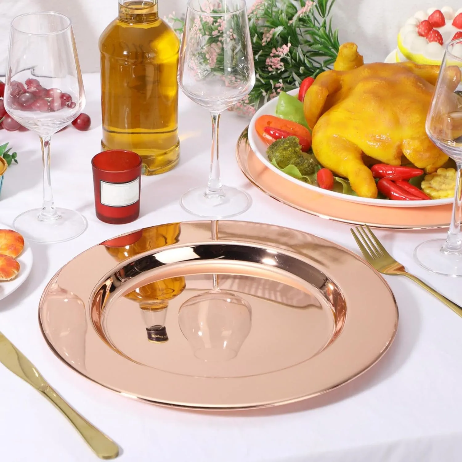 Vesici 12 Pcs Rose Stainless Steel Charger Plates 13 Inch Round Metal Charger Plates Bulk Mirror Elegant Charger Luxury Table Decor for Wedding Dinner Party