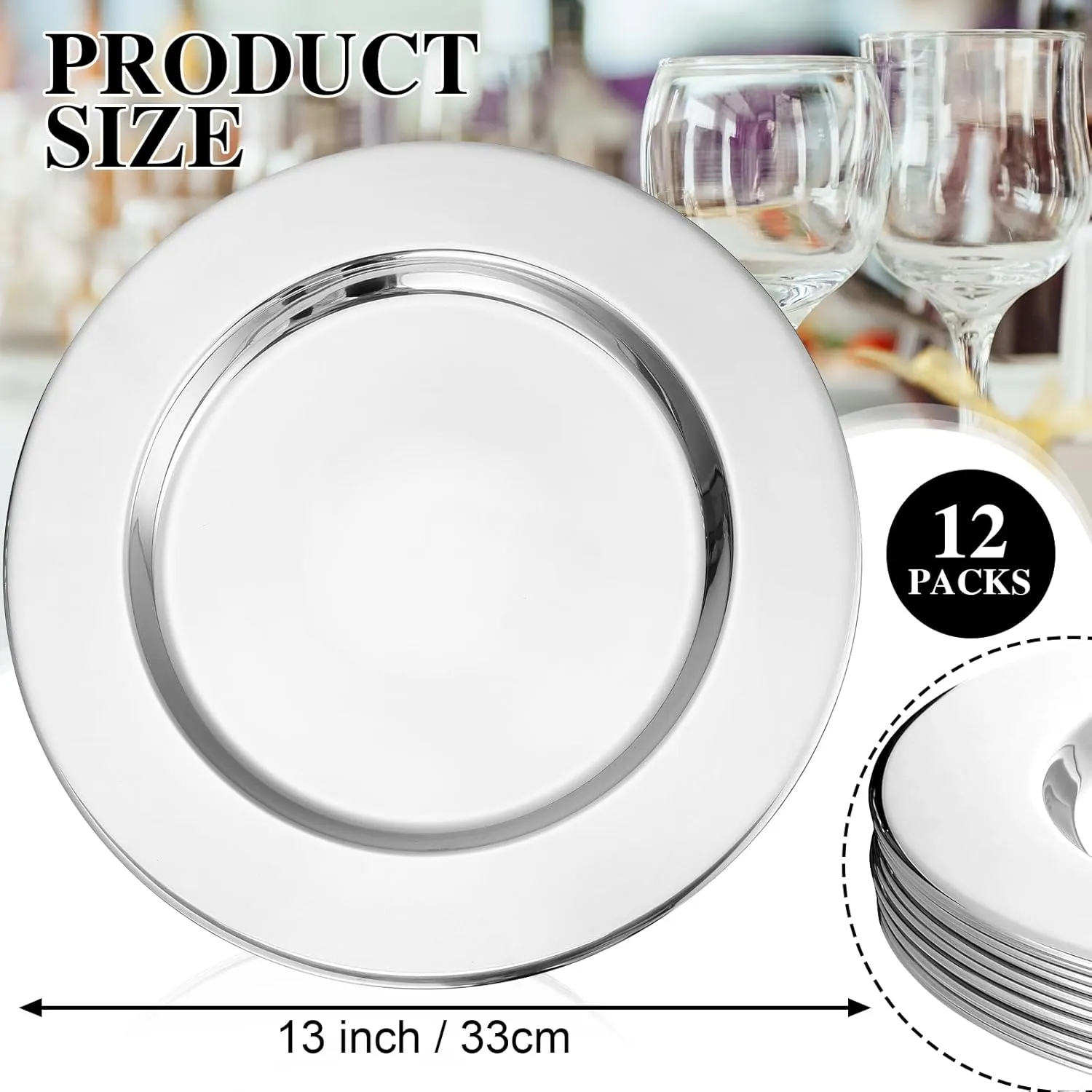 Vesici 12 Pcs Silver Stainless Steel Charger Plates 13 Inch Round Metal Charger Plates Bulk Mirror Elegant Charger Luxury Table Decor for Wedding Dinner Party