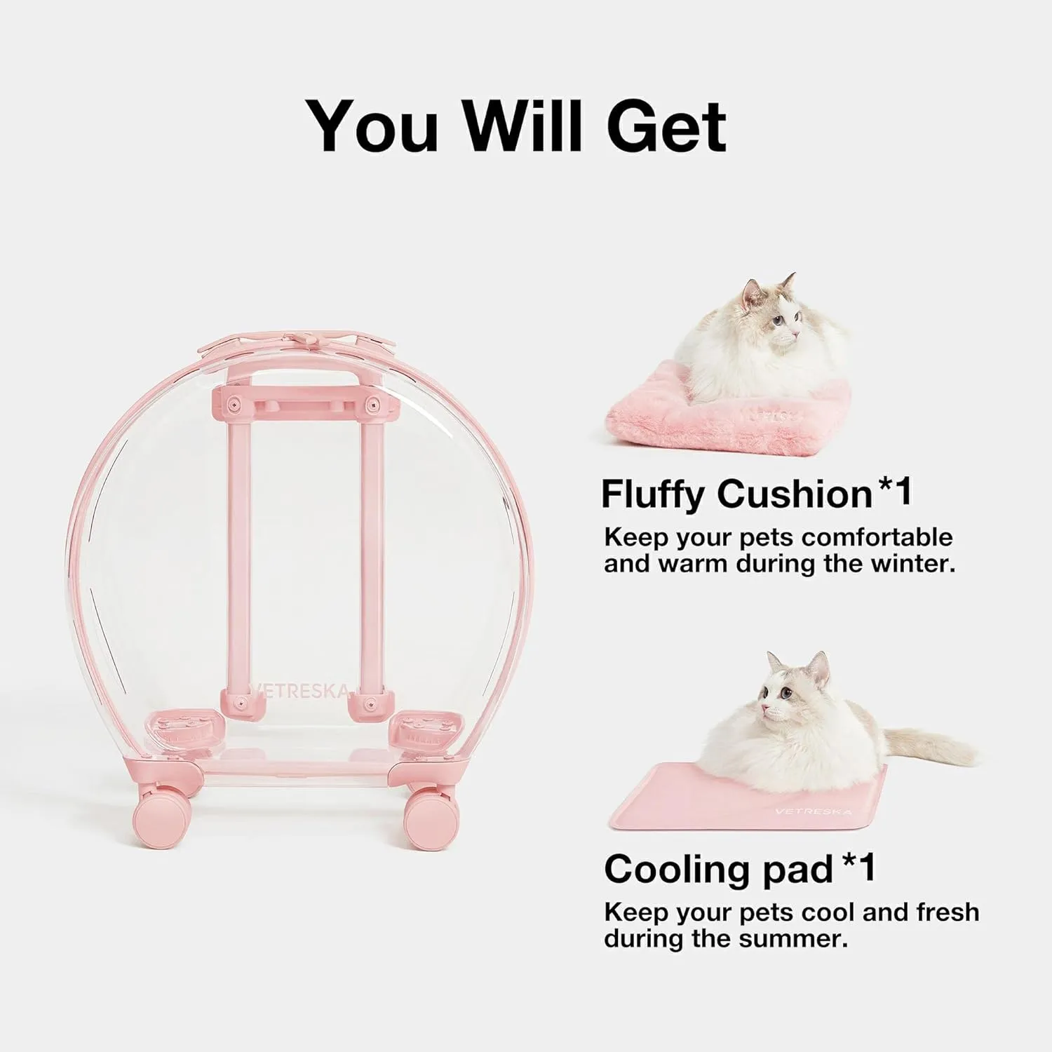 VETRESKA Pet Carrier with 2 Mats, Pink Pet Transport Luggage with Wheels and Telescopic Handle, Pet Travel Carrier for Small & Medium Dogs/Cats