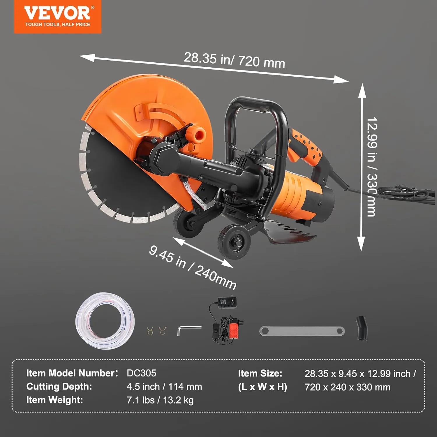 VEVOR Electric Concrete Saw, 12 in, 1800 W 15 A Motor Circular Saw Cutter with Max. 4.5 in Adjustable Cutting Depth, Wet Disk Saw Cutter Includes Water Line, Pump and Blade, for Stone, Brick…