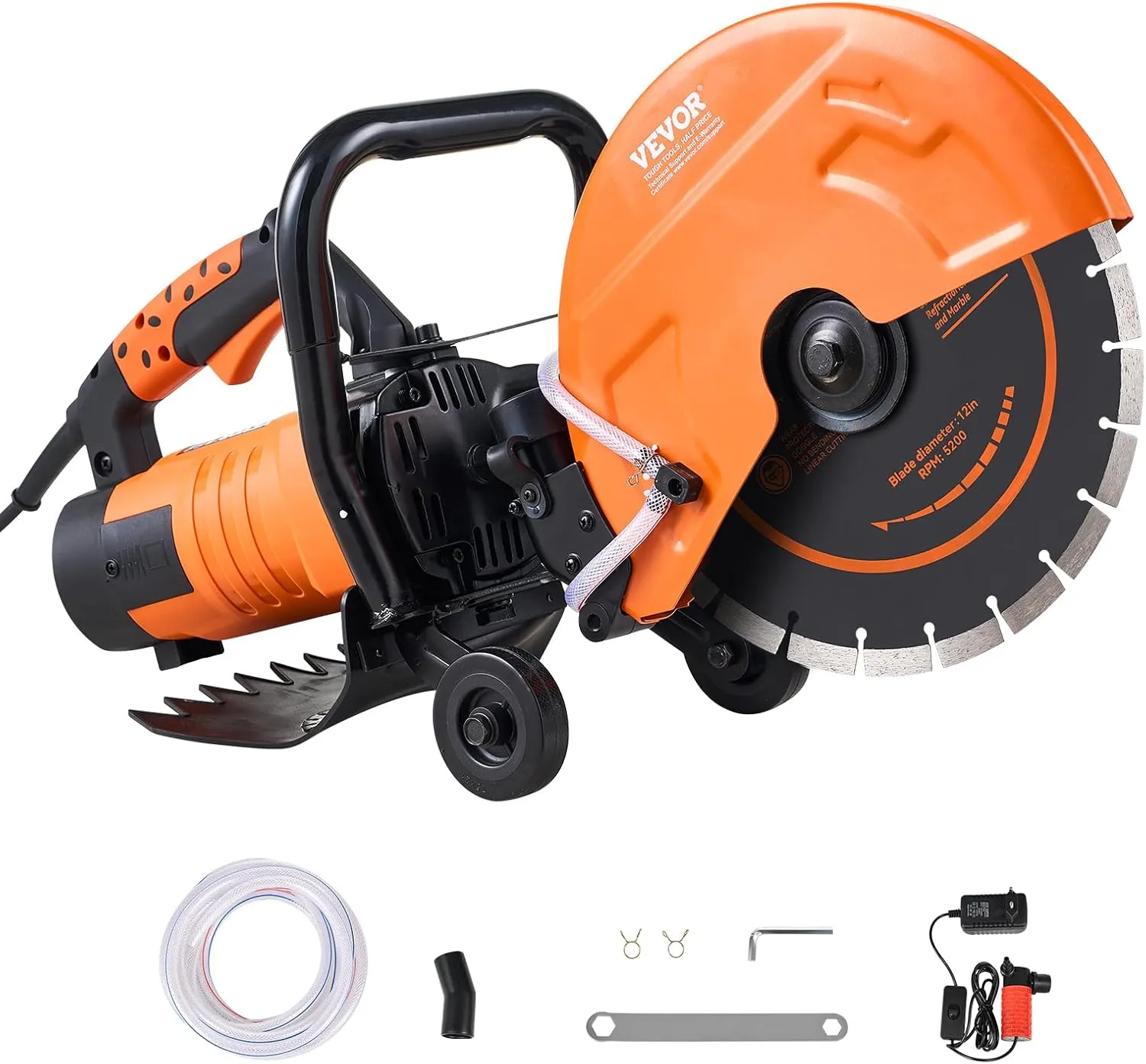 VEVOR Electric Concrete Saw, 12 in, 1800 W 15 A Motor Circular Saw Cutter with Max. 4.5 in Adjustable Cutting Depth, Wet Disk Saw Cutter Includes Water Line, Pump and Blade, for Stone, Brick…