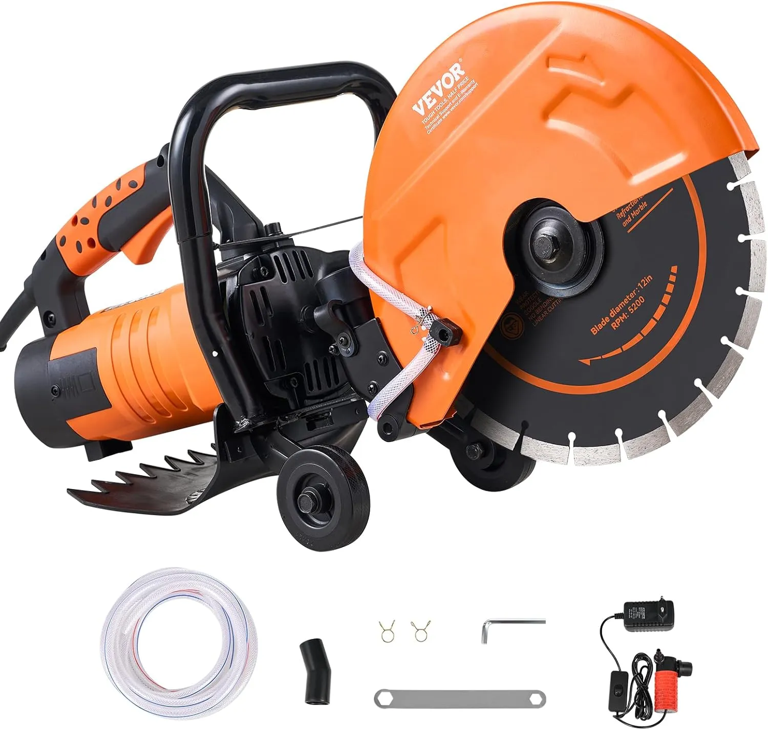 VEVOR Electric Concrete Saw, 12 in, 1800 W 15 A Motor Circular Saw Cutter with Max. 4.5 in Adjustable Cutting Depth, Wet Disk Saw Cutter Includes Water Line, Pump and Blade, for Stone, Brick…
