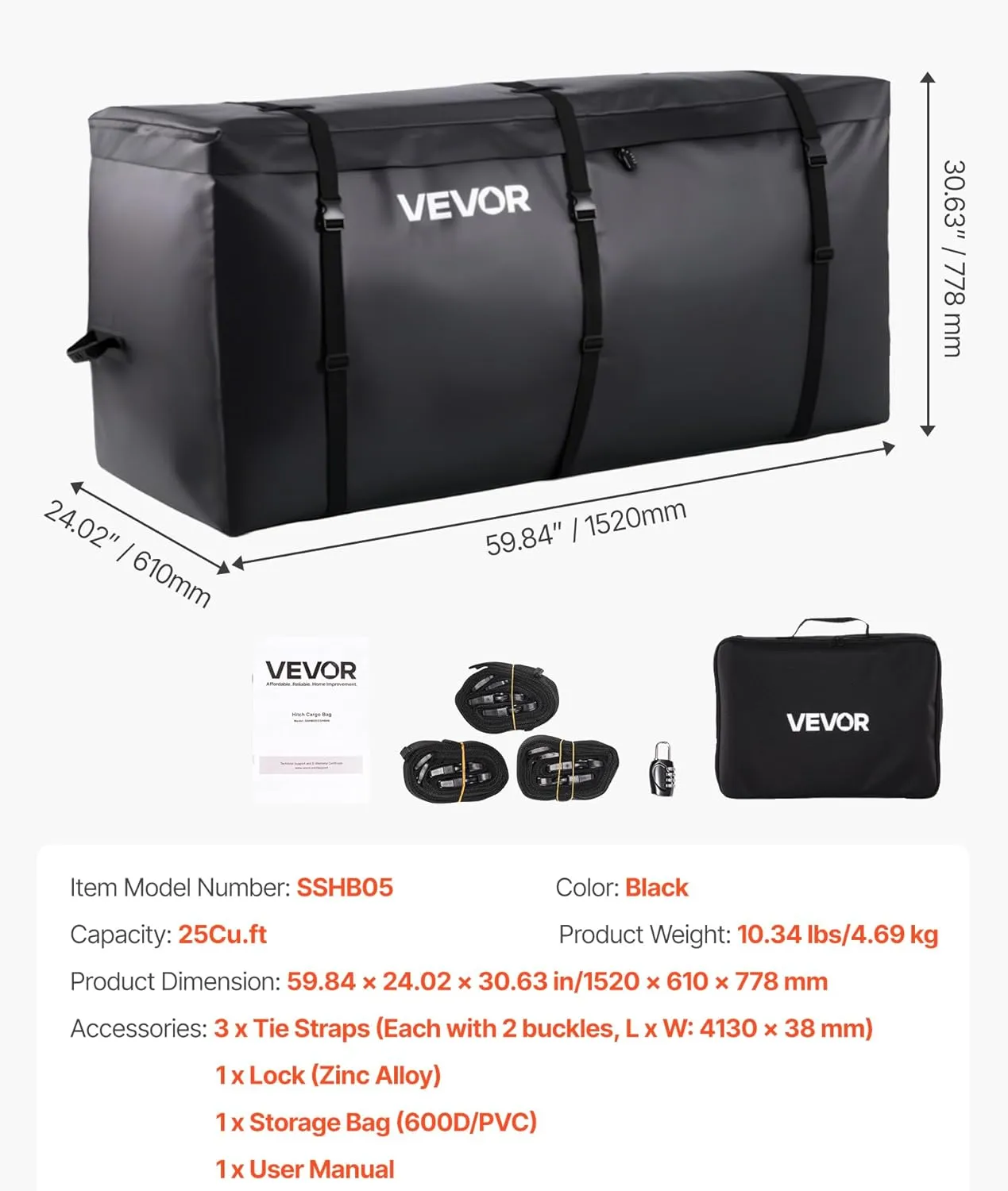 VEVOR Hitch Cargo Carrier Bag, Waterproof 840D PVC, 59.84 x 24.02 x 30.63 in (25 Cubic Feet), Heavy Duty Cargo Bag for Truck Bed Storage with Reinforced Straps, Suitable for Car SUV Vans Hitch Basket