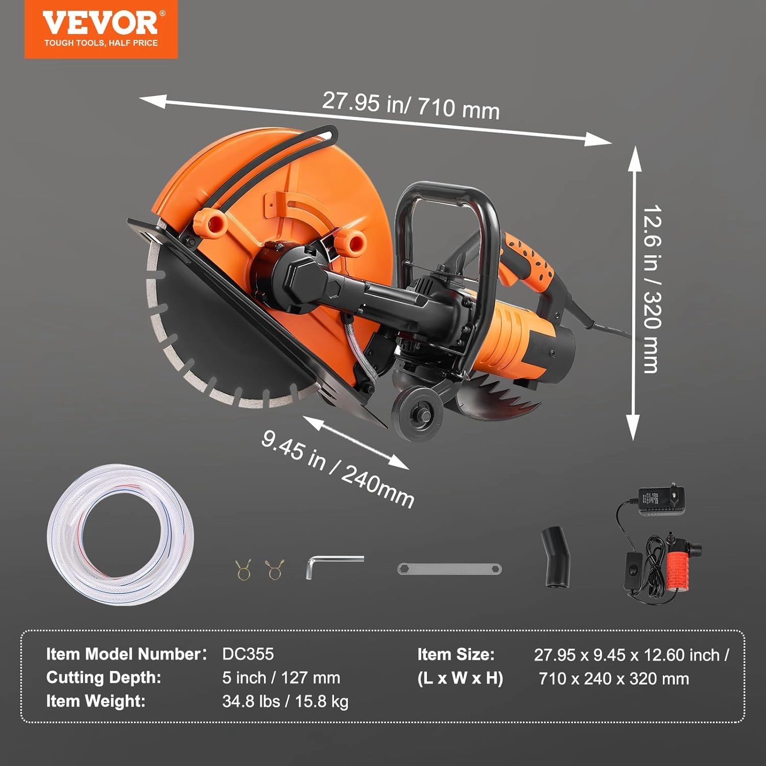 VEVOR Electric Concrete Saw, 14 in Circular Saw Cutter with 5 in Cutting Depth, Wet/Dry Disk Saw Cutter Includes Water Line, Pump and Blade, for Stone, Brick, Porcelain, Concrete, 2600W/15A Motor