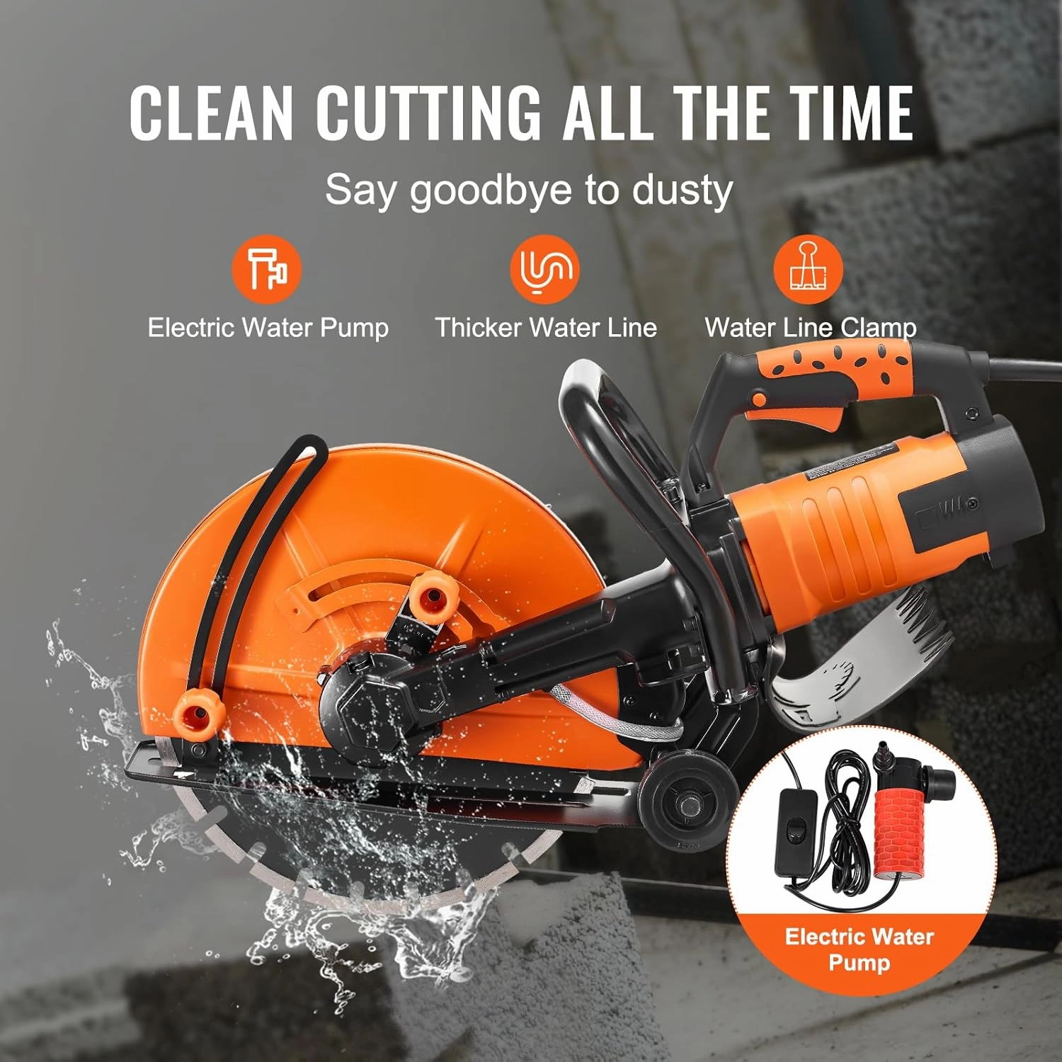VEVOR Electric Concrete Saw, 14 in Circular Saw Cutter with 5 in Cutting Depth, Wet/Dry Disk Saw Cutter Includes Water Line, Pump and Blade, for Stone, Brick, Porcelain, Concrete, 2600W/15A Motor