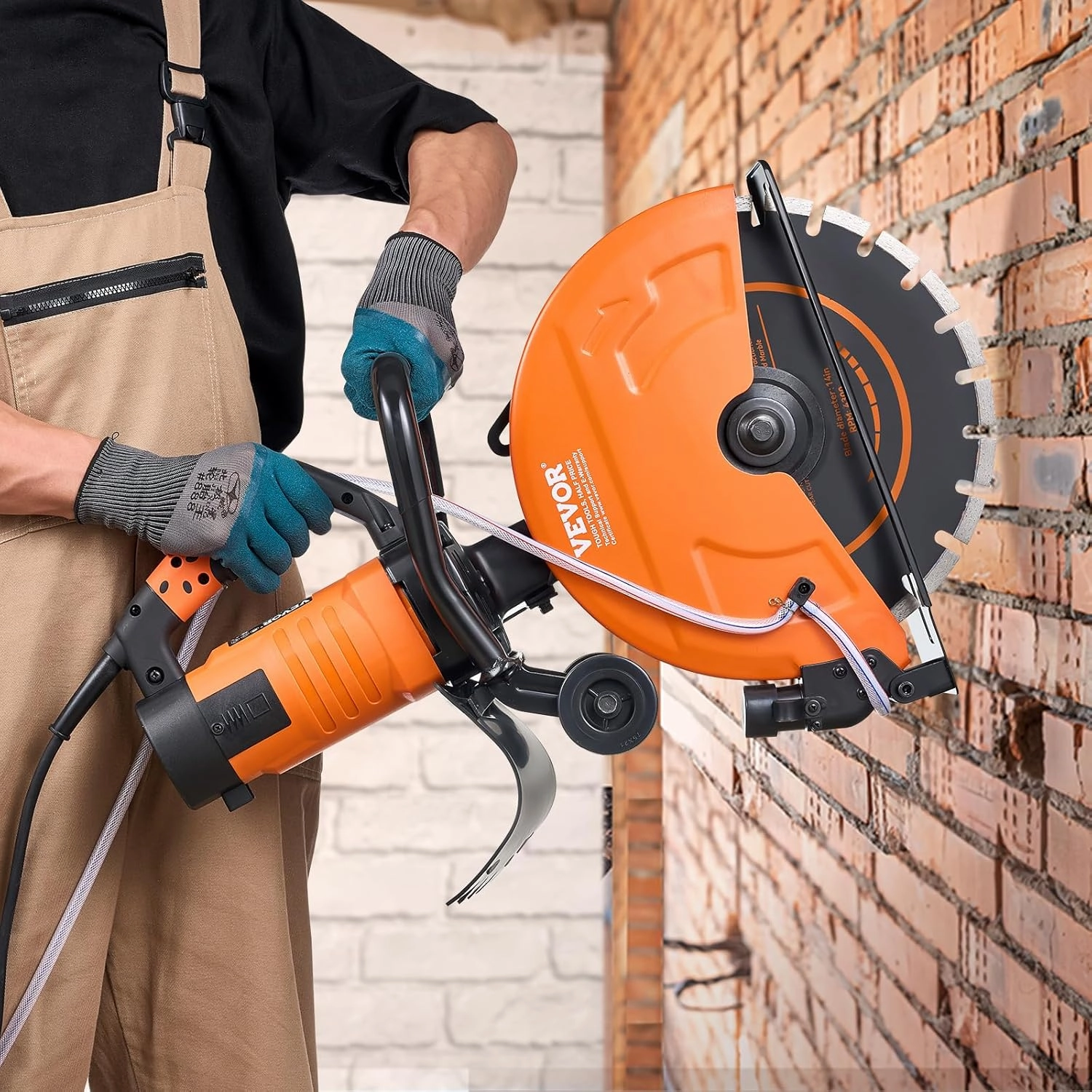 VEVOR Electric Concrete Saw, 14 in Circular Saw Cutter with 5 in Cutting Depth, Wet/Dry Disk Saw Cutter Includes Water Line, Pump and Blade, for Stone, Brick, Porcelain, Concrete, 2600W/15A Motor