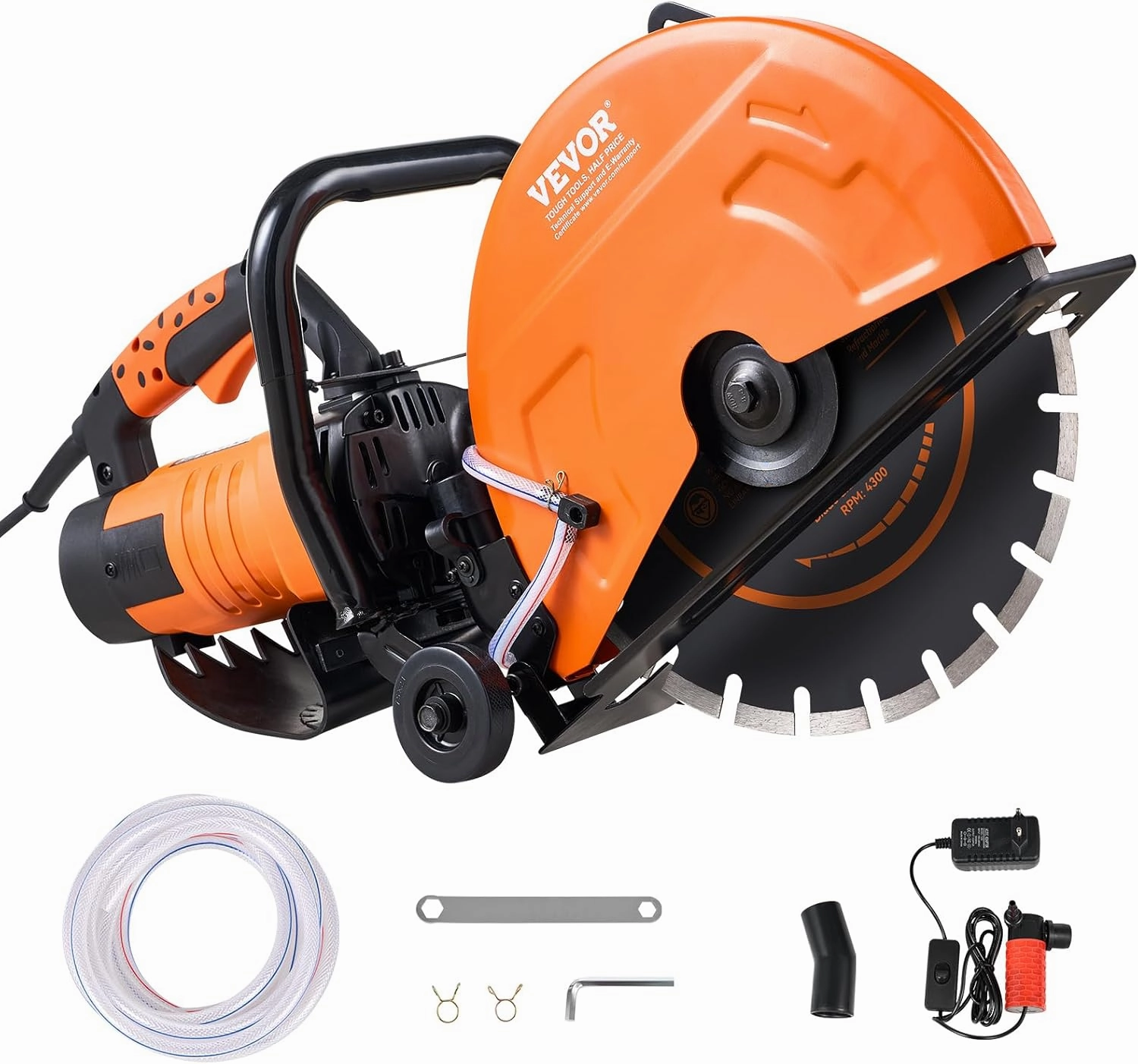 VEVOR Electric Concrete Saw, 14 in Circular Saw Cutter with 5 in Cutting Depth, Wet/Dry Disk Saw Cutter Includes Water Line, Pump and Blade, for Stone, Brick, Porcelain, Concrete, 2600W/15A Motor